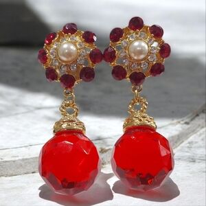 Huge Vintage 1980's Ruby Crystal Cabochon Dangle Clip-on Earrings